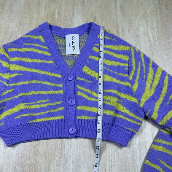 ASOS Collusion Zebra Purple Green Cropped V-Neck Boxy Button Cardigan Sweater 4 - Picture 13 of 13